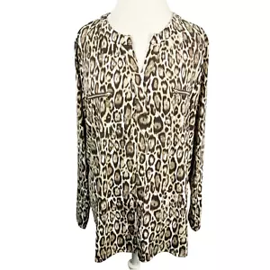 Belle by Kim Gravel V-Ausschnitt Popover Leopardenmuster Tunika Top Reißverschluss Taschen Größe 2X - Bild 1 von 9