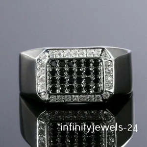 2Ct Round Cut Real Lab Grown Black Diamond Men's Wedding Ring 14K White Gold FN - Picture 1 of 7