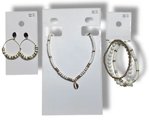 Modeschmuck (Halskette Ohrringe Armbänder Set) weiß/gold Frühling/Sommer *NEU* - Bild 1 von 6