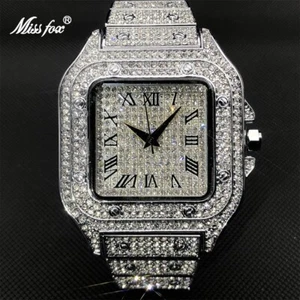MISSFOX Men's Ice Out Watch Quartz Silver Cz Diamond Square Waterproof Gift NEW - Picture 1 of 4