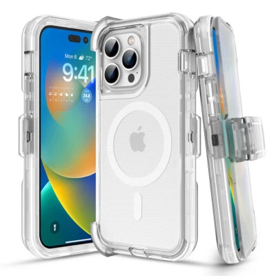 Shockproof Clear Case with MagSafe + Belt Clip Holster for iPhone 12 13 14 15 16 - Image 1 of 4
