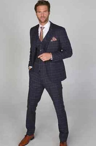 MENS PAUL ANDREW  KENNETH  NAVY SLIM FIT CHECK TWEED WEDDING 3 PIECE SUIT 36-52 - Picture 1 of 11