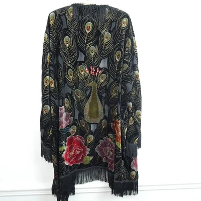 Mirasol 3X Quimono Veludo Burnout Topper Transparente Franja Pavão Frisado Bruxa Artística - Imagem 1 de 4