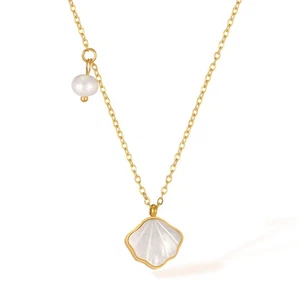 Women Elegant Gold Shell Pendant Necklace Pearl Charm Ocean Inspired Jewelry - Picture 1 of 7