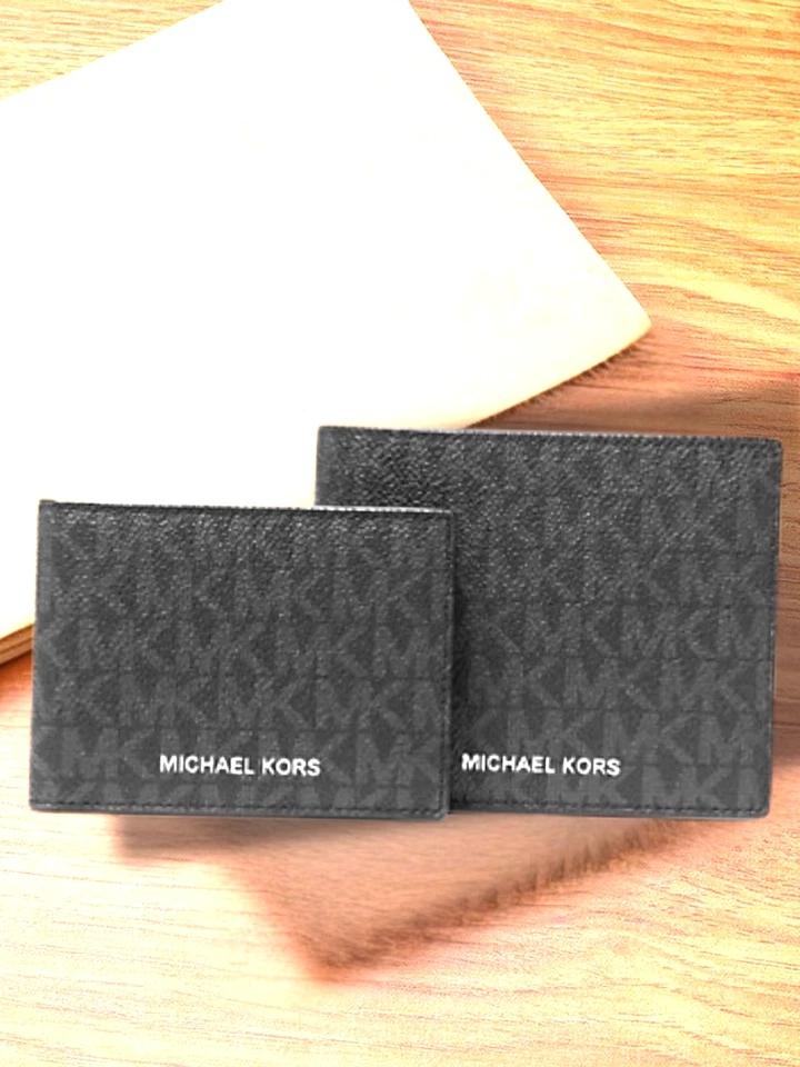Michael Kors Men Black MK Signature Billfold Card Bifold Wallet with Passcase - Image 1 of 4