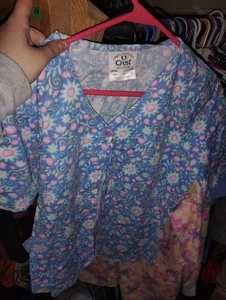 Crest Blue Cotton Watercolor Button Scrub Purple Comfy V Neck Women Top - Picture 1 of 2