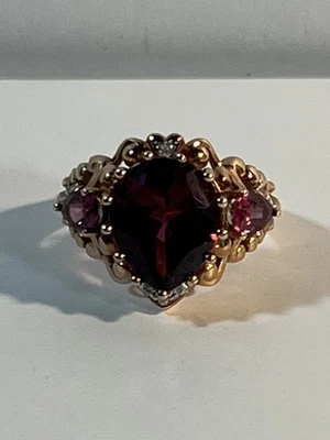 Anel de coquetel ouro amarelo 14K formato de pêra DP granada rodolita diamante 6,8gr tamanho 5 - Imagem 1 de 4