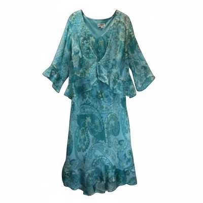 Maxi Vestido Studio I Para Mujer 20W Azul Paisley Gasa Superposición Manga Acampanada Plus Foto 1 de 4