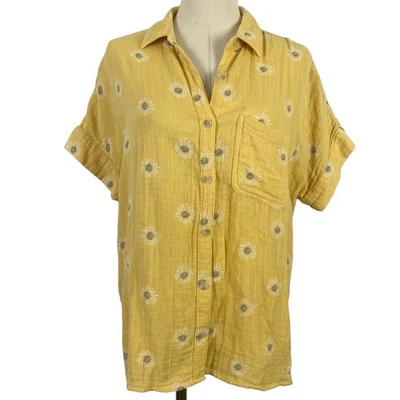 Sonoma Small Yellow White Floral Print Collared Button Up Blouse Shirt - Image 1 of 4