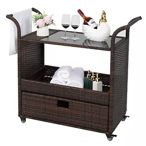 2 Tiers Wicker Rattan Shelves Drinks Food Tea Trolley Serving Bar Cart Kitchen - Picture 1 of 11
