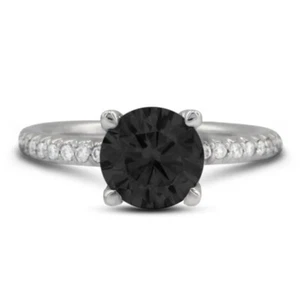 3.53ct Black  Round Natural Certified Diamonds 18k Gold Classic Side-Stone Ring - Picture 1 of 13