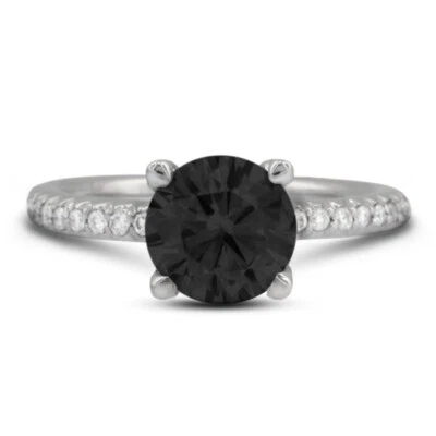 3.53ct Black  Round Natural Certified Diamonds 18k Gold Classic Side-Stone Ring - Image 1 of 4