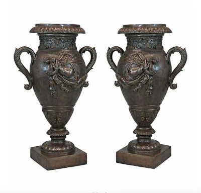Bronze 39" Pair of very detailed large vases with Angel figures - Image 1 of 3