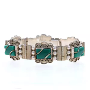 Sterling Silver Chrysoprase Panel Link Bracelet 7 1/4" - 925 Floral Mexico - Picture 1 of 8
