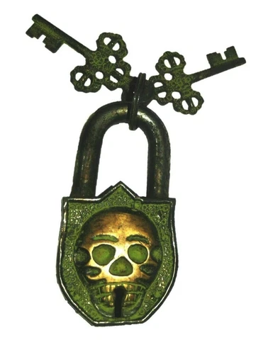 Skull Engraved Door Lock Vintage Antique Style Handmade Brass Padlock & Keys Cover