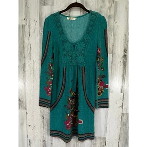 Aryeh Womens Sweater Dress Medium (XS) Teal Green Floral Butterflies Boho Lace - Picture 1 of 9