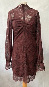 H&M Burgundy Lace Lined Dress Size 8 High Neck Long Sleeve - Picture 1 of 12