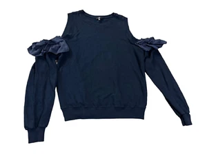Clu Womens Navy Blue Off the Shoulder Sweater Top Sz M Ruffle sleeves - Picture 1 of 7