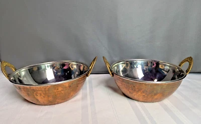 Stainless Steel Hammered Copper Serveware Indian Karahi Wok Bowls - Image 1 of 4