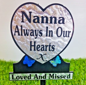 Nanna Heart Shaped Memorial Plaque Grave Gift Tribute  Blue Sparkle Butterfly - Picture 1 of 3