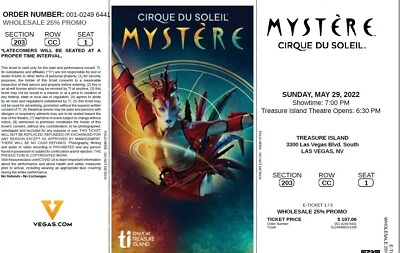 3 MYSTÈRE BY CIRQUE DU SOLEIL Tickets for Memorial weekend 5/29 7PM - Image 1 of 3