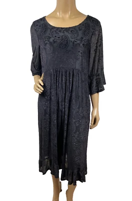 Vestido de Terciopelo Negro Tío Frank Talla L Volantes Mangas 3/4 Dobladillo Paisley Estampado Tonal Foto 1 de 4