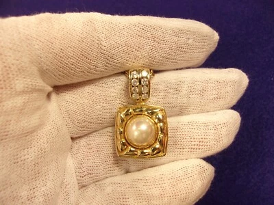 FLASHY STERLING SILVER & GOLD VERMEIL FAUX WHITE PEARL & CZ PENDANT & NECKLACE - Image 1 of 4