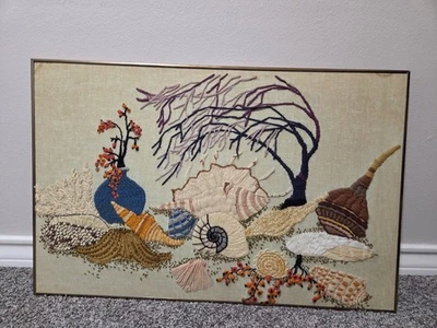 VTG 1973 Completed Crewel Framed Tide Seashells Ocean Coastal/ Floral HUGE 33x22 - Image 1 of 4