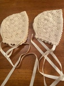 Two Hand Knit Baby Bonnets Cream Color - Picture 1 of 4