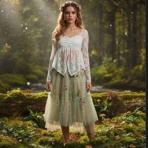 Vibe Sportswear weißes geblümtes Spitzenoberteil halbtransparent Frontschlitz Fee Y2K Größe Large - Bild 1 von 16