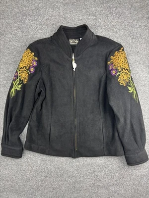 Bob Mackie Jacket Womens Large Black Embroidered Floral Fleece Full Zip Artwear - Image 1 of 4
