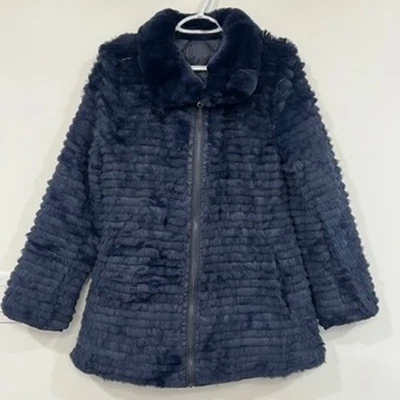 Blue Duck Women Coat XS Sown Fur Navy Blue Trim Dyed Rex Rabbit Fuzzy Reversible - Image 1 of 4