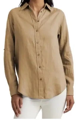 NWT NORDSTROM Natural Linen Blend Buttons Up Collared LS Rounded Hem Shirt XS - Image 1 of 4