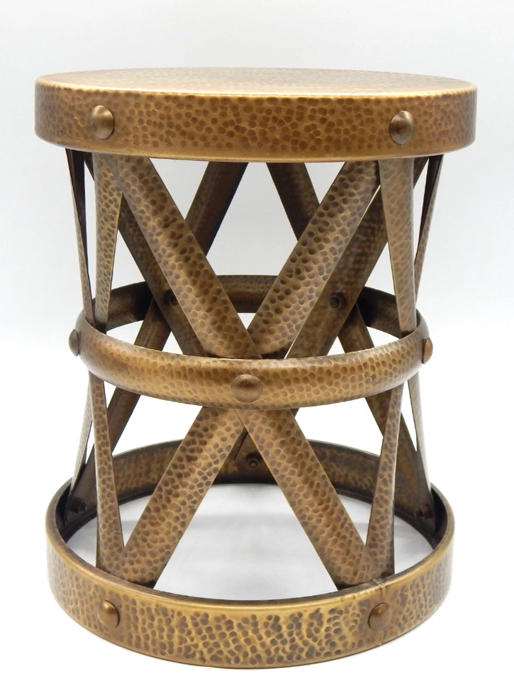 Restoration Hardware NEW Hollywood Regency Hammered Metal Lattice Drum Table - Image 1 of 4