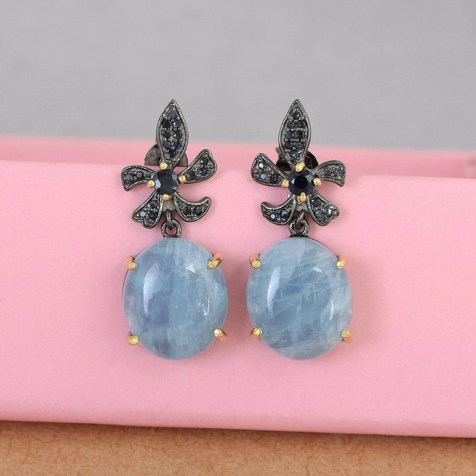 Natürlicher Aquamarin Blauer Saphir Jubiläum Geschenk Schmuck 925 Silber Ohrr... - Bild 1 von 4