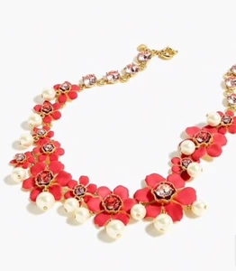 NEW J. Crew Pearl And Crystal Floral Necklace Flower Bright Cerise $148 - Picture 1 of 2