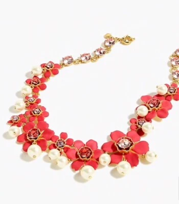 NEW J. Crew Pearl And Crystal Floral Necklace Flower Bright Cerise $148 - Image 1 of 2