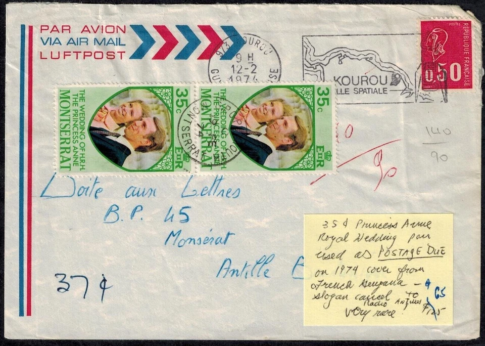 Montserrat 1974 Cover w/Princess Anne Royal Wedding Stamp Pair & Slogan Cancel - Image 1 of 2