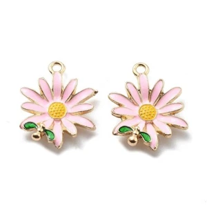 5 Large Pink Chrysanthemum Daisy with Bee Shaped Gold Tone Pendants 28x21mm - Picture 1 of 2