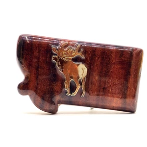 Gürtelschnalle in Montana-Form aus Holz mit Elch-Emblem (ButtStock-Schnitzerei?) - Bild 1 von 7