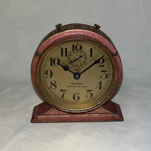 Antique 1927 Pink w/Gold Face Westclox Baby Ben De Luxe Alarm Clock -Working Cover