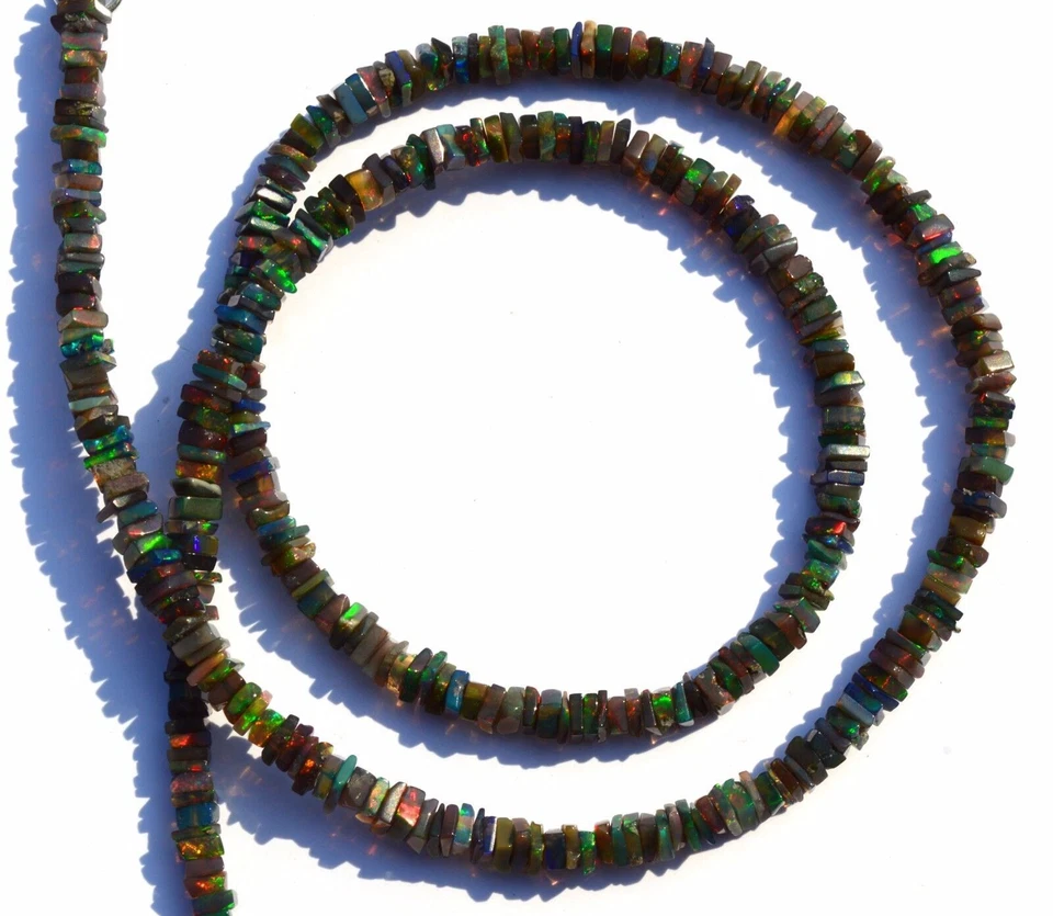 Black Ethiopian Opal Fine Quality Rainbow Fire Square Heishi Beads Necklace 18" - Image 1 of 1