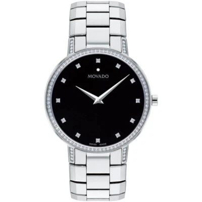 Movado Faceto 39毫米黑色表盘不锈钢钻石石英表男士腕表0607482 — 第 1/2 张图片
