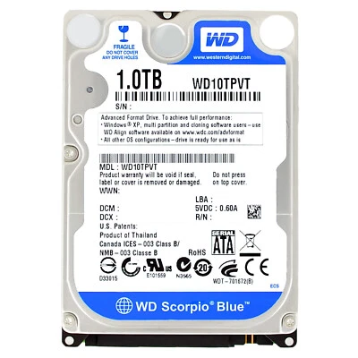Disco Rigido WD Blue 1TB WD10TPVT 5400 RPM 8Mb Cache SATA II 2,5'' - Immagine 1 di 4