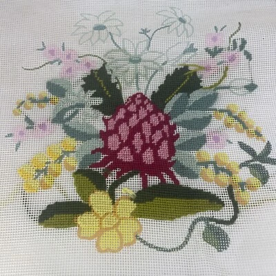 Vintage Needlepoint Waratah & Wattle Australian Flower Canvas 30cm Sq - Started - Image 1 of 4