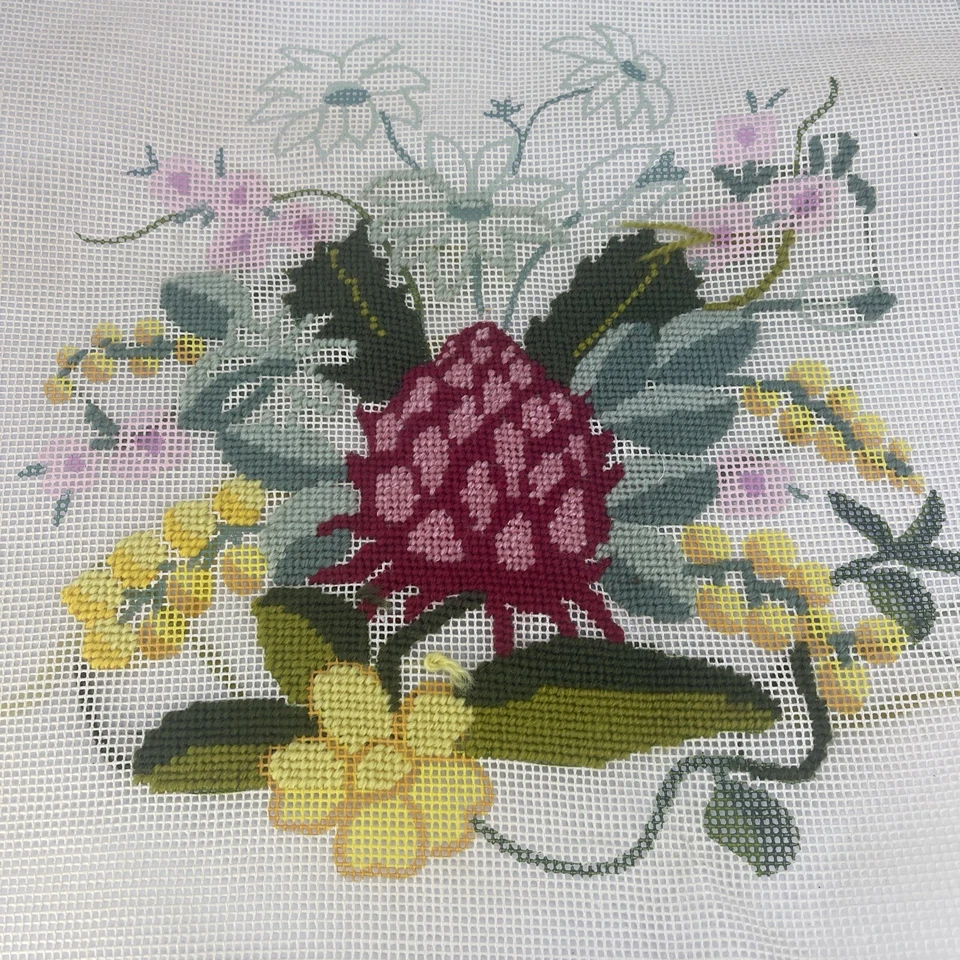 Vintage Needlepoint Waratah & Wattle Australian Flower Canvas 30cm Sq - Started - Image 1 of 4