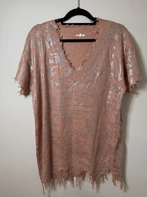 Suéter de manga corta JODIFL de lámina plateada y salmón para mujer talla grande mediana Foto 1 de 3