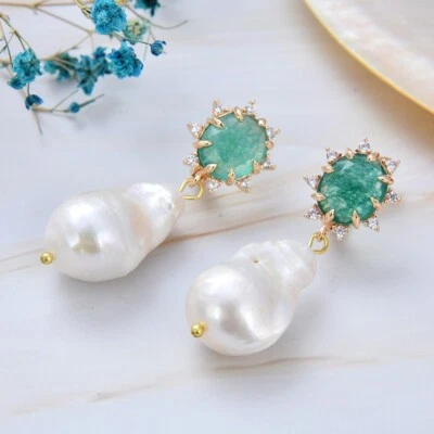 Cultured White Keshi Baroque Pearl Green Jade Dangle Earrings Cute For Lady - Image 1 of 4