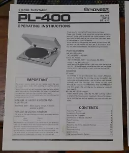 Original Stereo Turntable Owners Instruction Manual Pioneer PL-400 - Picture 1 of 2
