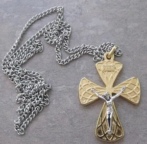  New Unique ITALY 2 tone Crucifix with Stainless Steel Chain 26 Inch Necklace - Picture 1 of 5